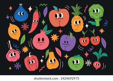 Set of fruits in modern and trendy groovy style. Comic face in funky style. Vector illustration. y2k pattern. Retro poster. Plum, raspberry, peach, apple, pear, lemon. Comic Character mascot. 70s.