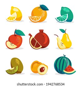 Set of fruits in modern vector hand drawn  style, summer symbol, fruit salad.Cute fruits, apple,watermelon,lemon, kiwi, pear, apricot, lime, orange, pomegranate