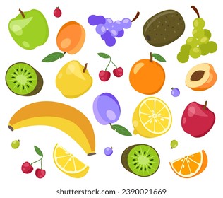 Set of fruits. Natural and prganic products, healthy eating. Kiwi and banana, grape and apple. Vegetarian diet with vitamins. Cartoon flat vector collection isolated on white background