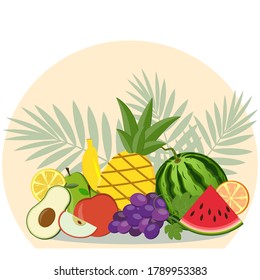 set of fruits on a background of tropical leaves and the sun, color vector illustration, design, clipart, design, print, banner