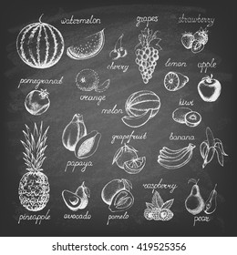 Set of fruits on the blackboard. Hand drawn elements. Vector illustration.