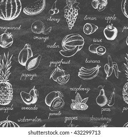 Set of fruits on the blackboard. Seamless pattern. Hand drawn elements. Vector illustration.