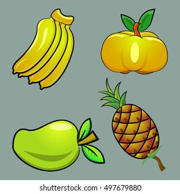set of fruits on dark background 