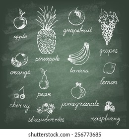 Set of fruits on the green blackboard. Hand drawn elements. Vector illustration.