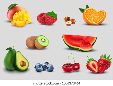 Set of fruits on white background