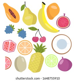 Conjunto de frutas sobre fondo blanco, diferentes frutas tropicales y bayas. Vector. EPS 10.