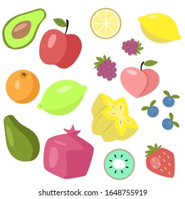 Obstmenge auf weißem Hintergrund, verschiedene tropische Früchte und Beeren. Vektorillustration. EPS10.