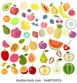 Set of fruits on a white background, different tropical fruits and berries. Exotic fruit set. Vector. EPS 10