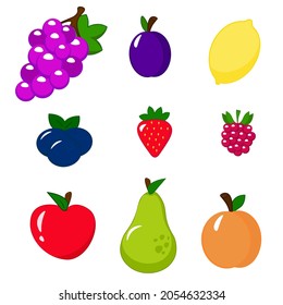 Set of fruits on a white background pear, peach, blueberry, strawberry, plum, lemon, raspberry, apple, grapes