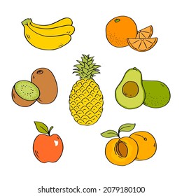 Set of fruits on a white background. Bananas, kiwi, avocado, orange, avocado, pineapple, apple and apricot. Vector isolated illustration hand drawn
