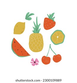 A set of fruits on a white background. Strawberry, pineapple, watermelon, orange, lemon, cherries. Vector.