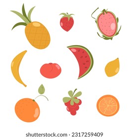 set of fruits on white background. flat, abstract style. exotic citrus, berries