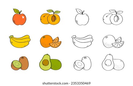 Set of fruits on a white background. Bananas, kiwi, avocado, orange, apple and apricot. Vector isolated illustration coloring hand drawn