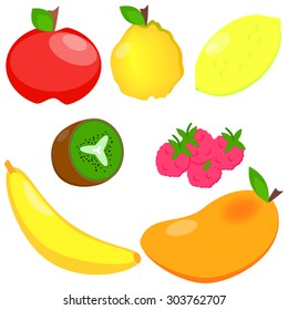 Set: Fruits on a white background. Apple, quince, lemon, kiwi, raspberry, banana, mango. Flat Style.