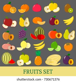 A set of fruits . Organic vegetarian healthy food isolated on a dark background. Vector.