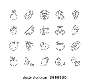 Set of Fruits outline icons isolated on white background. Editable stroke. 64x64 Pixel Perfect.