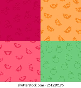 Set of fruits pattern - cherry, orange, watermelon, apple. Line style