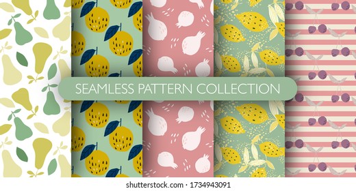 Set of fruits pattern. Collection of patterns - lemon with leaves, pomegranate, cherry, pear, apple. Design for fabric, textile print, wrapping, kitchen textile. Vector illustration