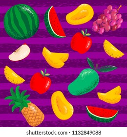 Set fruits pattern with vintage style botanical hand drawn illustration on a purple background. Can use for fabric, fashion, cafe, restaurant, & fruits market.