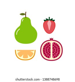 Set of fruits. Pear, strawberry, orange and pomegranate isolated on white background. Concept healthy lifestyle, healthy food and fruit diet. Vector illustration.