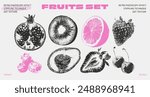 A set of fruits with photocopy effects. Made in the stippling technique with dot texture. Trendy retro grunge collage.