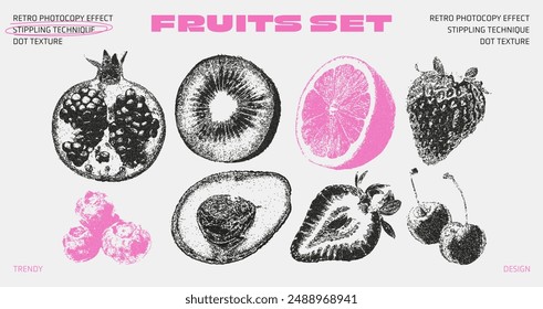 A set of fruits with photocopy effects. Made in the stippling technique with dot texture. Trendy retro grunge collage.