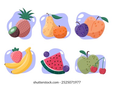 Set of fruits. Pineapple, kiwi, banana, pear and peach. Natural and organic fresh food with vitamins. Tropical summer food. Flat vector collection isolated on white background