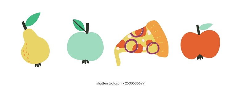 Set with fruits and pizza in flat style. Useful and harmful food. Hand drawn vector illustration.