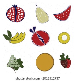 Set fruits. Pomegranate,  Banana, Apple, Strawberry ,Pearl,  Orange , Pineapple, Watermelon, Grape.