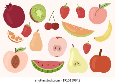 Set of fruits: pomegranate, kiwi, orange, cherry, peach, strawberry, apple, pear, watermelon, melon, banana. Vector hand drawn illustration.