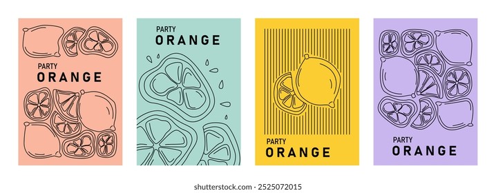 Conjunto de carteles de frutas. Volantes con rodajas minimalistas de limones. Comida de verano con vitaminas. Folleto, folleto y folleto. Colección de Vector lineal aislada sobre fondo blanco