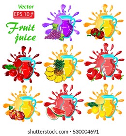 Set of fruits red peach, watermelon, pineapple, apples, violet grape, yellow cherry, strawberry,blue green pitcher of Fresh fruit Juice, splash, blot   isolated on white background vector illustration
