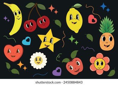Set of fruits, retro cartoon character in trendy groovy style on black background. Vintage mascot lemon, apple, banana, cherry, pineapple, with a happy smile. Illustration of unusual fruits and berrie