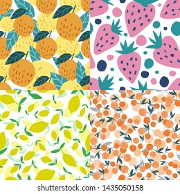 Set of fruits seamless pattern. Cherry berries, apples, lemons, strawberries and leaves hand drawn wallpaper. Funny sweet garden fruits on background. Vector illustration.