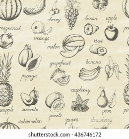 Set of fruits. Seamless pattern. Hand drawn elements. Vector illustration.