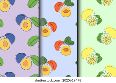 Set of  fruits seamless patterns. Continuous one line drawing. Black line art with colorful spots. Plum, peach lemon.  Vegan concept.