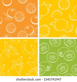 Conjunto de frutas sin fisuras. Naranja, limón, banana y kiwi. Ilustración monocroma vectorial de frutas tropicales.