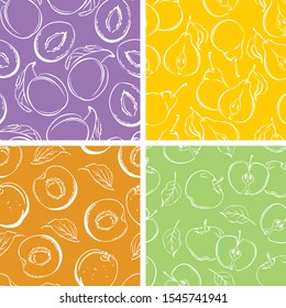 Set of fruits seamless patterns. Plum, apple, pear and apricot. Vector monochrome outline illustration of fruits and leaves.