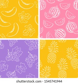 Set of fruits seamless patterns. Watermelon, grapes, pineapple and melon. Vector monochrome outline illustration of fruits and leaves.