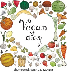 Set of fruits, seeds and vegetables  for vegan day card frame. Isolated on white for print, custom design.