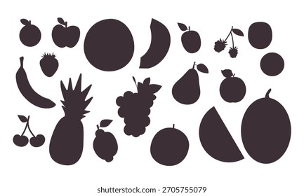 Set of fruits silhouettes vector hand drawn illustration isolate on shite .black icons for menus, posters, labels, stickers, packaging design