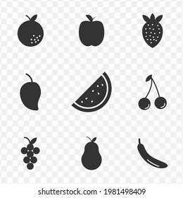 Set of fruits simple vector icons in dark color and transparent background(png). Vector illustration.