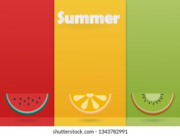 Set of fruits slice with Watermelon Orange and Kiwi on colorful background, Paper art style for advertisement, Vector graphic summer fruit , Web design. poster.  Healthy food. 