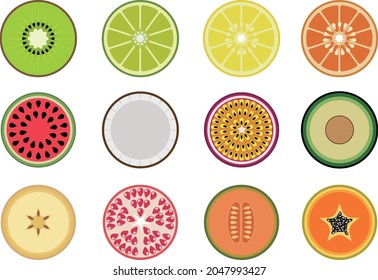 Conjunto de rodajas de frutas Ilustración vectorial, fruta en mitades