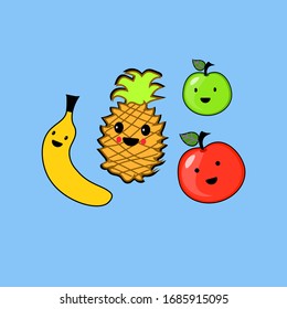 Set of fruits smiley face kawaii. Flat design Vector Illustration
