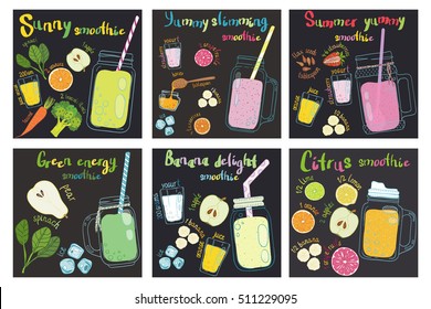Set of fruits smoothie recipes. Raw nature food. Eco healthy ingredients. 
