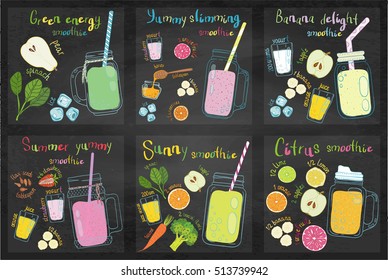 Set of fruits smoothie recipes. Raw nature food. Eco healthy ingredients. Blackboard background.