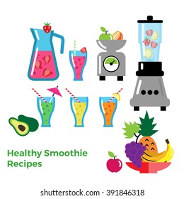 Set of fruits and smoothies. Fruits, glasses, blender, kitchen weight scale in flat style. Colorful flat style icons. Isolated on white background. Vector illustration.