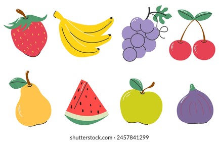 A set of fruits: strawberries, bananas, grapes, cherries, pears, apples, watermelons, figs. Isolated on a white background. Hand drawn in a naive style.Vector illustration.