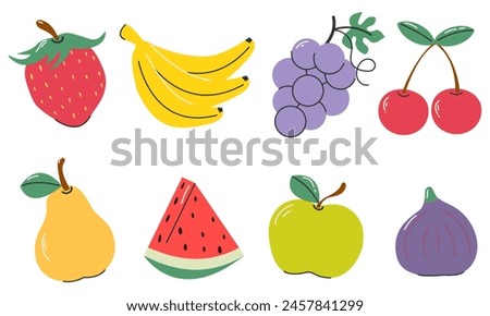 A set of fruits: strawberries, bananas, grapes, cherries, pears, apples, watermelons, figs. Isolated on a white background. Hand drawn in a naive style.Vector illustration.